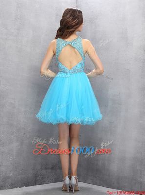Romantic Scoop Baby Blue Zipper Dress for Prom Beading Sleeveless Knee Length