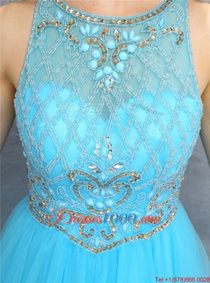 Romantic Scoop Baby Blue Zipper Dress for Prom Beading Sleeveless Knee Length