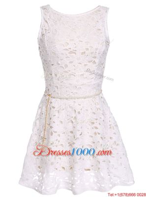 Cheap White Scoop Neckline Lace and Belt Homecoming Dress Sleeveless Zipper