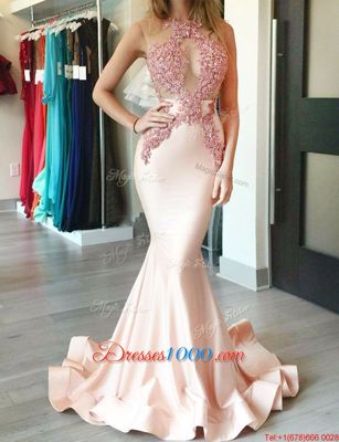 Inexpensive Mermaid Halter Top With Train Zipper Evening Outfits Peach and In for Prom with Appliques Brush Train