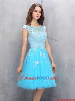 Fine Blue A-line Organza Scoop Cap Sleeves Beading and Appliques Knee Length Zipper Prom Evening Gown