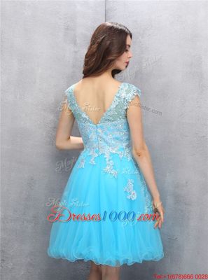 Fine Blue A-line Organza Scoop Cap Sleeves Beading and Appliques Knee Length Zipper Prom Evening Gown