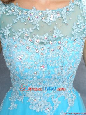 Fine Blue A-line Organza Scoop Cap Sleeves Beading and Appliques Knee Length Zipper Prom Evening Gown