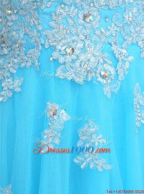Fine Blue A-line Organza Scoop Cap Sleeves Beading and Appliques Knee Length Zipper Prom Evening Gown