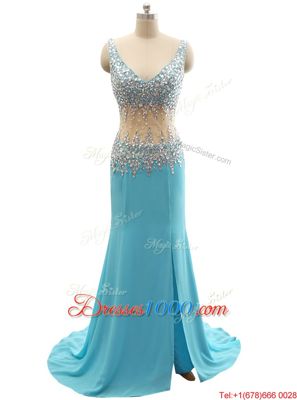 Mermaid Sleeveless Beading Zipper Prom Gown with Aqua Blue Brush Train