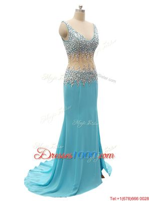 Mermaid Sleeveless Beading Zipper Prom Gown with Aqua Blue Brush Train