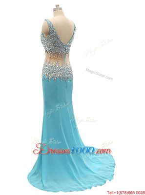 Mermaid Sleeveless Beading Zipper Prom Gown with Aqua Blue Brush Train