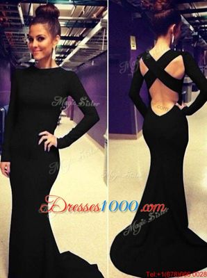 Mermaid Criss Cross Scoop Long Sleeves Dress for Prom Brush Train Ruching Royal Blue Elastic Woven Satin