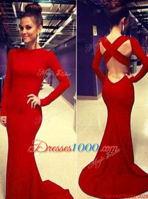 Mermaid Criss Cross Scoop Long Sleeves Dress for Prom Brush Train Ruching Royal Blue Elastic Woven Satin