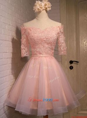 Flare Off the Shoulder Peach Short Sleeves Mini Length Appliques Lace Up Cocktail Dresses