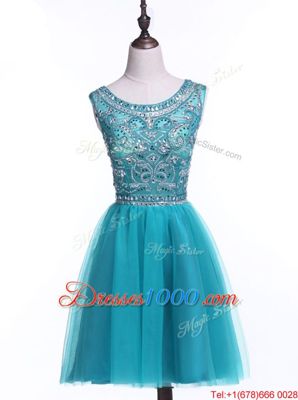 Tulle Scoop Sleeveless Zipper Beading and Sequins Prom Dresses in Teal