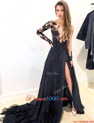 Excellent Scoop Chiffon Long Sleeves Prom Dresses Brush Train and Appliques