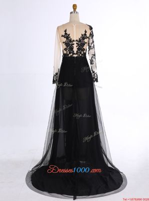 Excellent Scoop Chiffon Long Sleeves Prom Dresses Brush Train and Appliques