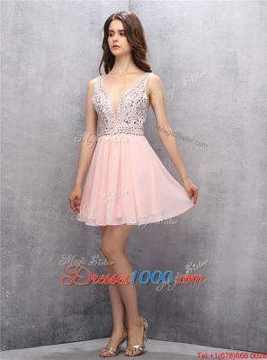 Knee Length Baby Pink Evening Dress V-neck Sleeveless Zipper
