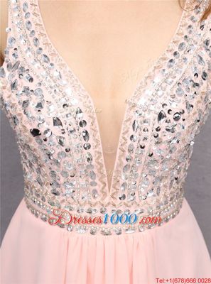 Knee Length Baby Pink Evening Dress V-neck Sleeveless Zipper
