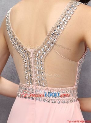 Knee Length Baby Pink Evening Dress V-neck Sleeveless Zipper