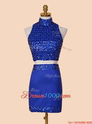 Satin High-neck Sleeveless Backless Beading Cocktail Dress in Royal Blue