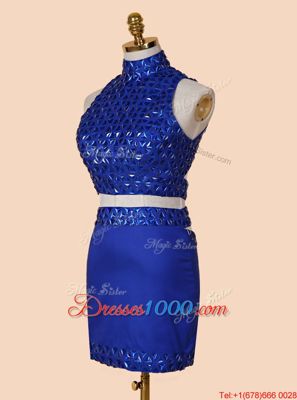 Satin High-neck Sleeveless Backless Beading Cocktail Dress in Royal Blue