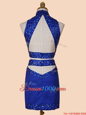 Satin High-neck Sleeveless Backless Beading Cocktail Dress in Royal Blue