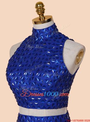 Satin High-neck Sleeveless Backless Beading Cocktail Dress in Royal Blue