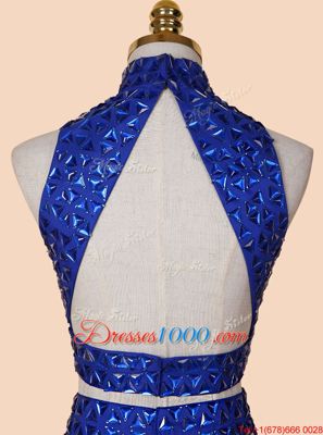 Satin High-neck Sleeveless Backless Beading Cocktail Dress in Royal Blue