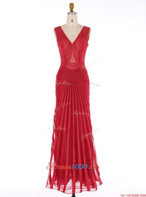 Sumptuous Red Mermaid Chiffon V-neck Sleeveless Sequins Floor Length Zipper Dress for Prom