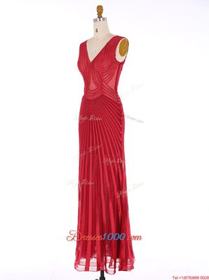 Sumptuous Red Mermaid Chiffon V-neck Sleeveless Sequins Floor Length Zipper Dress for Prom