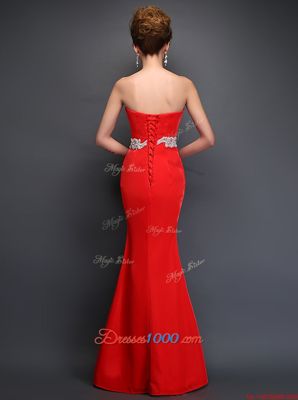 Beauteous Floor Length Mermaid Sleeveless Red Prom Dresses Lace Up