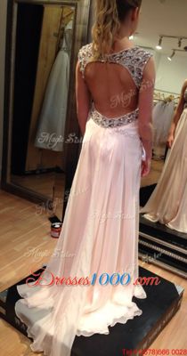 Perfect Backless V-neck Sleeveless Prom Gown Brush Train Ruching Pink Chiffon