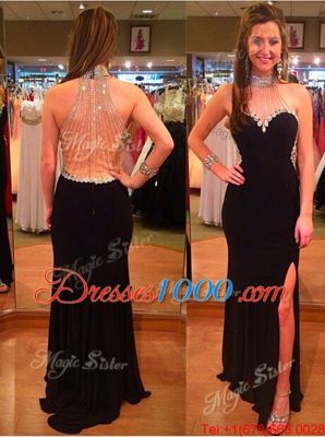 Mermaid Chiffon Bateau Sleeveless Sweep Train Backless Beading Dress for Prom in Green