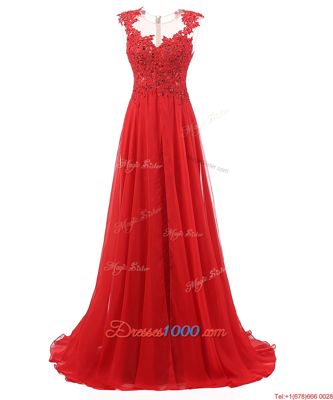 Popular Red Chiffon Zipper Prom Party Dress Sleeveless With Brush Train Appliques