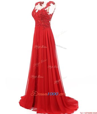 Popular Red Chiffon Zipper Prom Party Dress Sleeveless With Brush Train Appliques