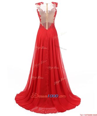 Popular Red Chiffon Zipper Prom Party Dress Sleeveless With Brush Train Appliques