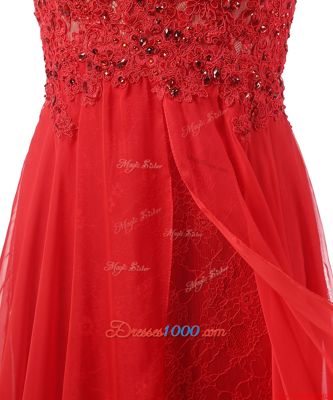 Popular Red Chiffon Zipper Prom Party Dress Sleeveless With Brush Train Appliques