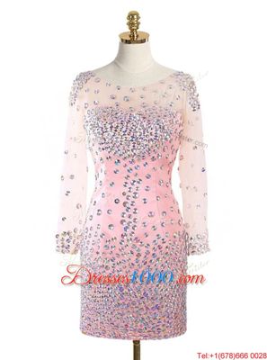 Fantastic Scoop Pink Long Sleeves Elastic Woven Satin Zipper for Prom and Party