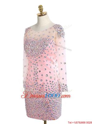 Fantastic Scoop Pink Long Sleeves Elastic Woven Satin Zipper for Prom and Party