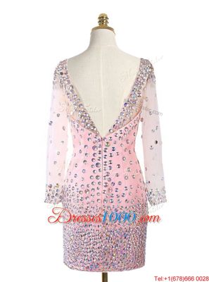 Fantastic Scoop Pink Long Sleeves Elastic Woven Satin Zipper for Prom and Party