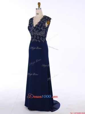 Elegant Navy Blue Homecoming Dress V-neck Sleeveless Sweep Train Zipper