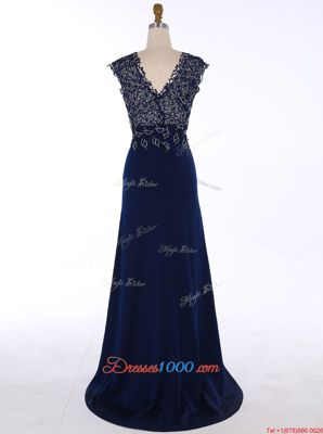 Elegant Navy Blue Homecoming Dress V-neck Sleeveless Sweep Train Zipper