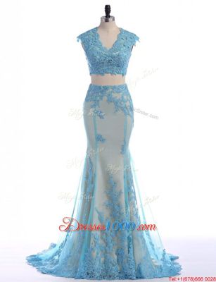Captivating Mermaid Sleeveless With Train Lace Zipper Evening Party Dresses with Blue Brush Train