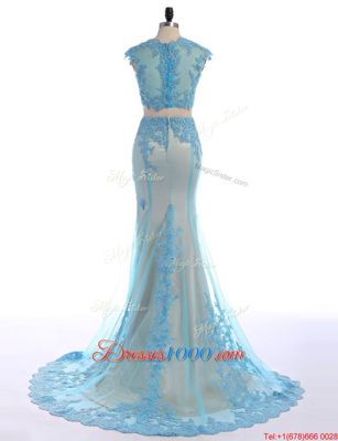 Captivating Mermaid Sleeveless With Train Lace Zipper Evening Party Dresses with Blue Brush Train