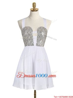 Customized White A-line Straps Sleeveless Chiffon Mini Length Criss Cross Sequins
