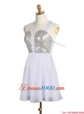 Customized White A-line Straps Sleeveless Chiffon Mini Length Criss Cross Sequins