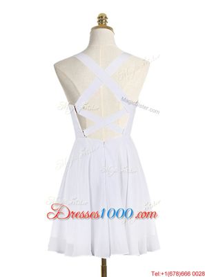 Customized White A-line Straps Sleeveless Chiffon Mini Length Criss Cross Sequins