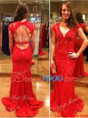 Deluxe Mermaid Backless With Train Red Evening Dress Lace Court Train Cap Sleeves Lace