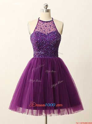 New Arrival Halter Top Sleeveless Tulle Mini Length Zipper in Purple for with Beading and Sequins