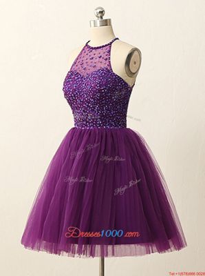 New Arrival Halter Top Sleeveless Tulle Mini Length Zipper in Purple for with Beading and Sequins