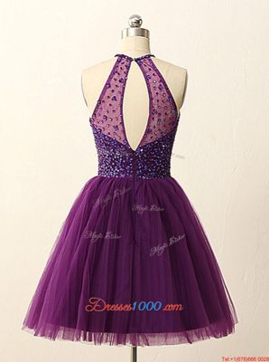 New Arrival Halter Top Sleeveless Tulle Mini Length Zipper in Purple for with Beading and Sequins