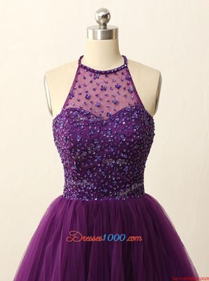 New Arrival Halter Top Sleeveless Tulle Mini Length Zipper in Purple for with Beading and Sequins