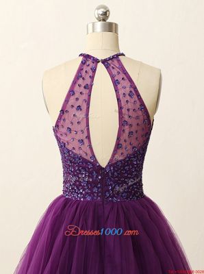 New Arrival Halter Top Sleeveless Tulle Mini Length Zipper in Purple for with Beading and Sequins